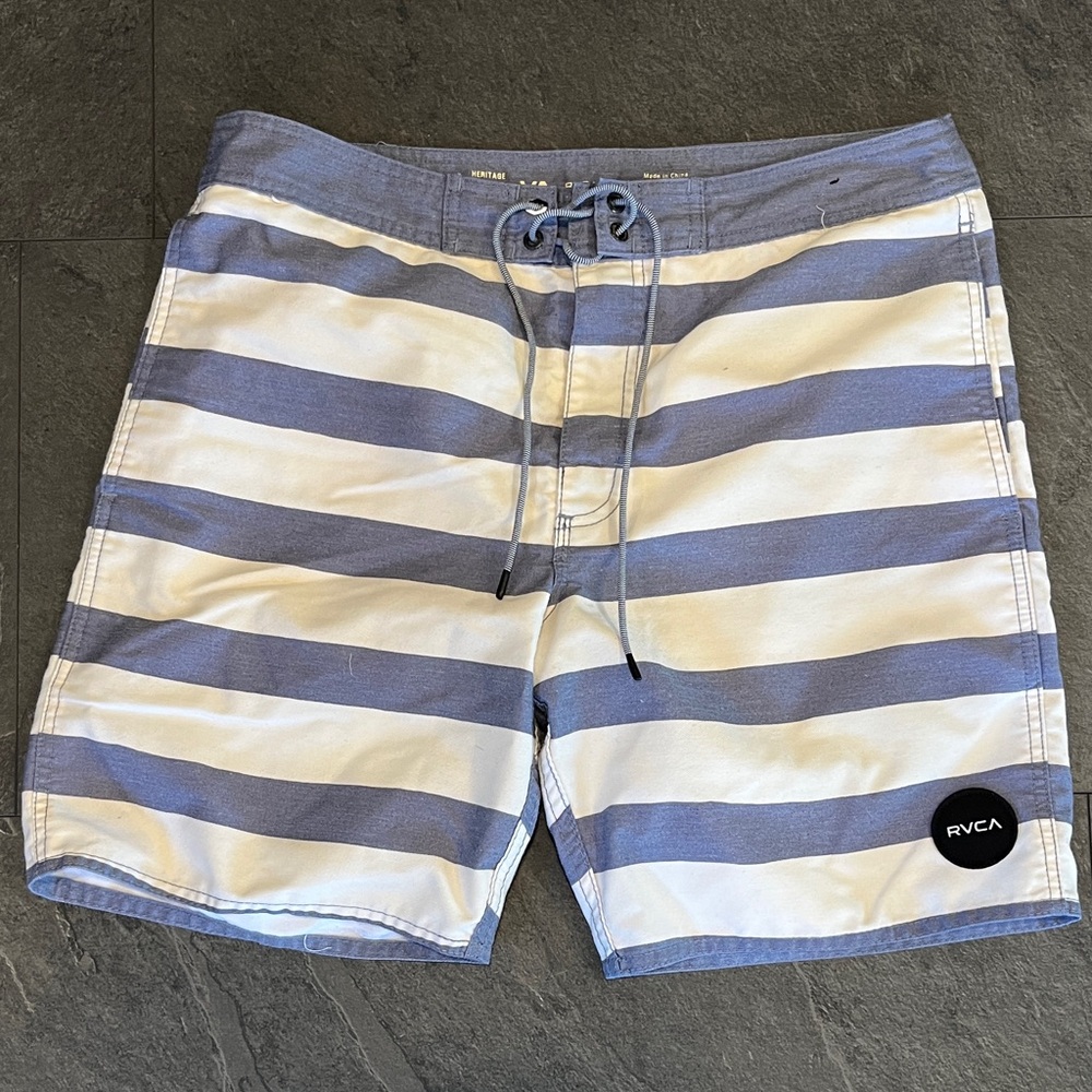 RVCA Men's Striped Swim Shorts in Blue and White